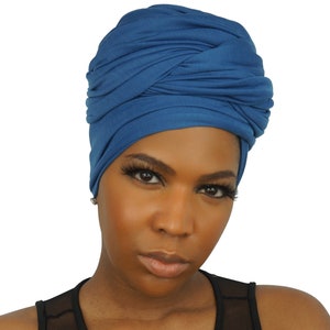 HEAD WRAPS for Women Denim BLUE Stretch Jersey Knit Cotton Hijab Natural Hair Locs Scarf African Headwraps by The Urban Turbanista image 2
