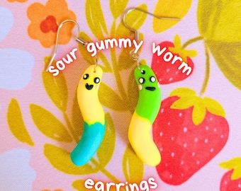 Polymer Clay Gummy Sour Worms Earrings Jewelry Handmade Food
