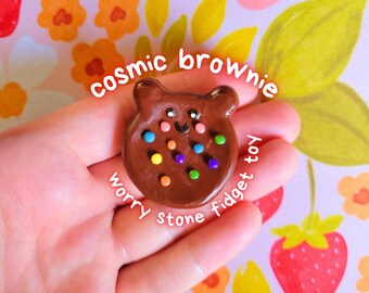 Cosmic Brownie Teddy Bear Worry Stone: Handmade Polymer Clay Anxiety Fidget
