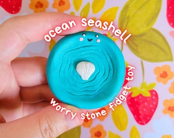 Seashell Blue Waves Worry Stone: Handmade Polymer Clay Anxiety Fidget