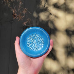 May include: A round, turquoise ceramic dish with a raised, white floral design in the centre. The dish is held in a hand, with a blurred background of shadows and foliage.