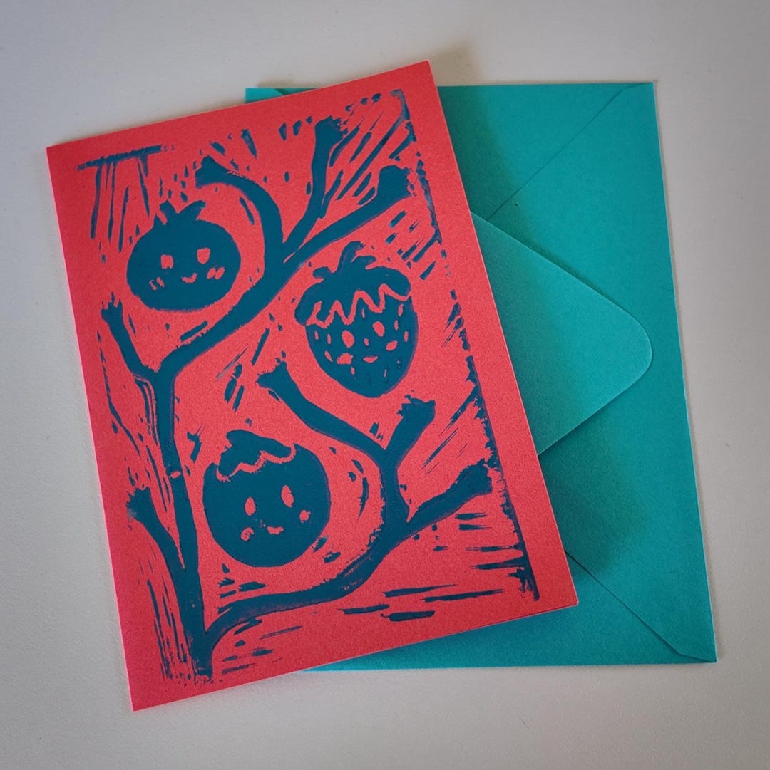 Linocut Shell Fruit Hand Carved Linocut Fruit Greeting Card With Envelope: Kawaii Blueberry ...