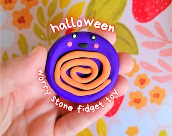Halloween Worry Stone: Polymer Clay Purple and Orange Swirl Anxiety Fidget