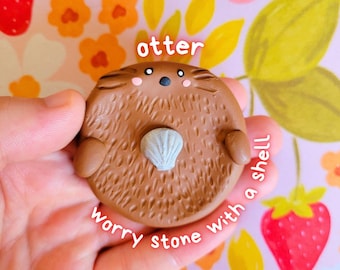Otter with Shell Worry Stone: Handmade Polymer Clay Anxiety Fidget
