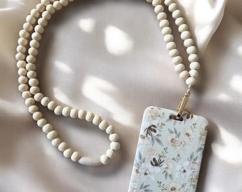 Natural Wooden Bead Lanyard: Teacher, Nurse, ID Badge Holder