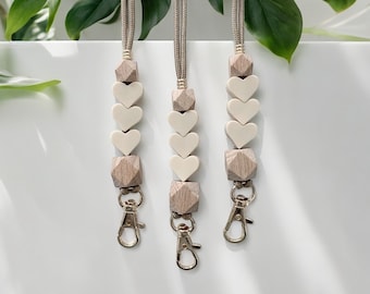 Beaded Lanyard: silicone and wood beads,  Teacher Nurse ID Badge Holder