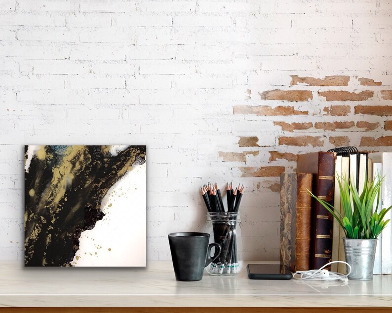Abstract Wall Art in Black and Metallic Gold Alcohol Ink Art Etsy