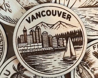 Vancouver Travel Token or Magnet or Ornament: Engraved Wood Destination World Traveler Collector Souvenir