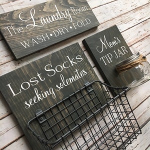 Laundry Room Sign Trio |  Lost Socks Basket AND Mom's Tip Jar AND The Laundry Room Sign | Laundry Room Decor | Spanish Option Available