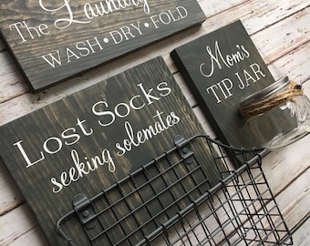 Laundry Room Sign Trio |  Lost Socks Basket AND Mom's Tip Jar AND The Laundry Room Sign | Laundry Room Decor | Spanish Option Available