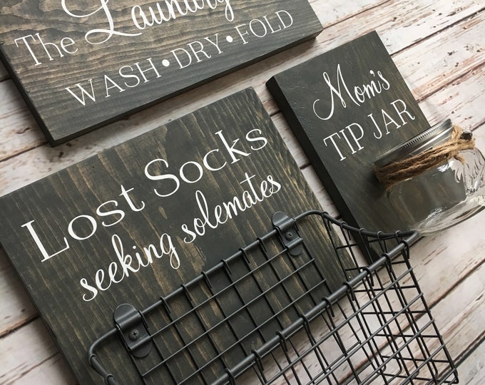 Laundry Room Sign Trio |  Lost Socks Basket AND Mom's Tip Jar AND The Laundry Room Sign | Laundry Room Decor | Spanish Option Available