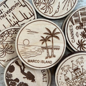 Marco Island Florida Travel Token lub magnes | Kolekcjonerskie żetony Wood State, City, Landmark lub Country | Żeton śledzenia podróży