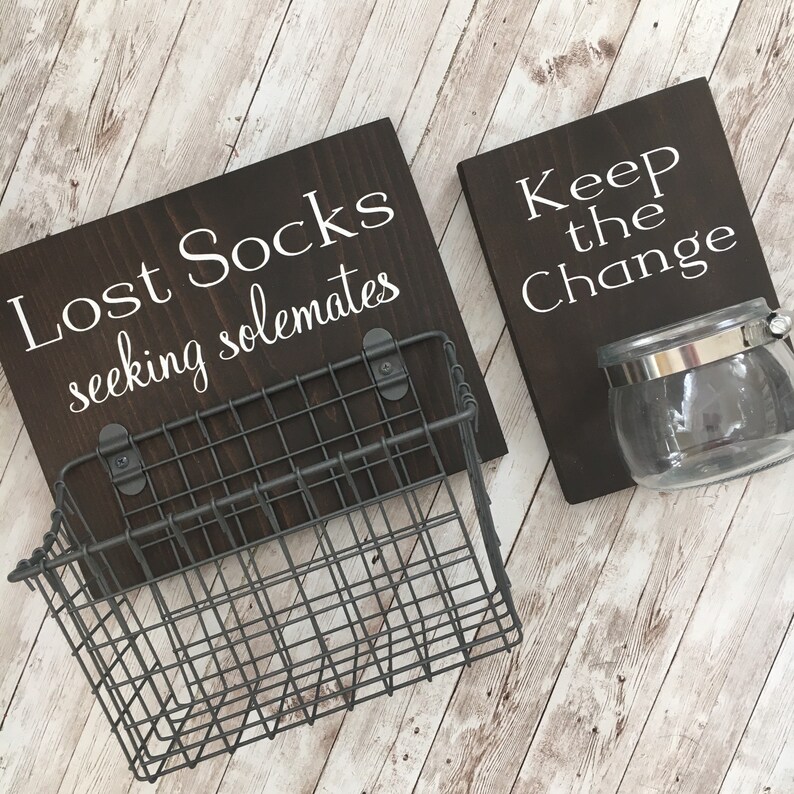 Laundry Room Sign Combo Keep the Change AND Lost Socks Seeking Solemates or Soulmates Wood sign with attached glass Coin Jar image 3