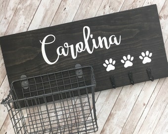 Entry Way Dog Leash Hook and Basket Sign Combo | Custom Dog Name sign with basket and leash hooks | Front Door Pet Organizer | Pet Mom Gift