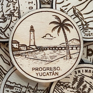 Jeton de voyage ou aimant de Progreso, Yucatán | Jetons de collection pour l'état, la ville, le monument, les parcs nationaux ou le pays du bois | Jeton de suivi de voyage