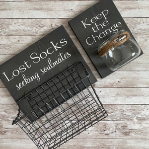 Laundry Room Sign Combo | Keep the Change & Lost Socks - Seeking Solemates | Sign with attached glass coin holder | Coin Jar