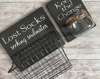 Laundry Room Sign Combo | Keep the Change & Lost Socks - Seeking Solemates | Sign with attached glass coin holder | Coin Jar