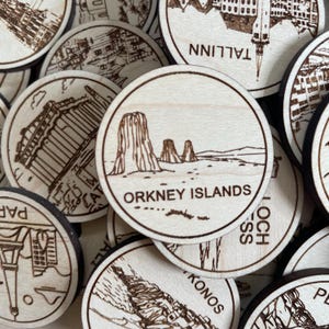 Orkney Inseln Reisetoken oder Magnet | Wood Zustand, Stadt, Wahrzeichen, Nationalparks oder Land Sammler Token | Travel Tracking Token