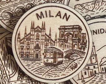 Milan Travel Token or Magnet or Ornament: Engraved Wood Destination World Traveler Collector Souvenir