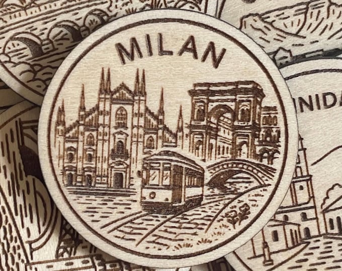 Milan Travel Token or Magnet or Ornament: Engraved Wood Destination World Traveler Collector Souvenir