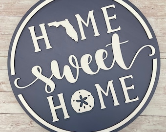 Florida Beach Home Sweet Home Round Wood Sign | Ocean Home Sign | New Home Sign | Housewarming | Starfish Sand Dollar Home Sign