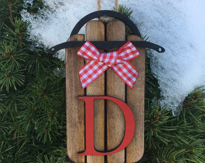 Wood Sled Ornament | Monogram Ornament | Sled with Bow Ornament With Last Name Initial