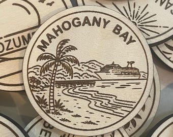 Mahogany Bay Travel Token or Magnet or Ornament: Engraved Wood Destination World Traveler Collector Souvenir