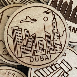 Jeton ou aimant de voyage à Dubaï | Jetons d'état, de ville, de point de repère, de parcs nationaux ou de pays du bois | Jeton de suivi de voyage