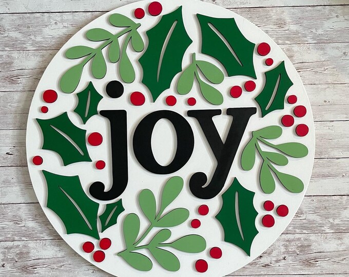 Joy Christmas Sign in Round  12” to 24” Size Wood Sign | Winter Door Idea | Front door welcome sign | Christmas Door Sign