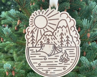 Camping Trip Christmas Ornament: Personalized Engraved Wood Vacation Memory