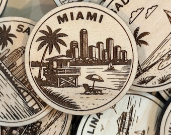 Miami Travel Token or Magnet or Ornament: Engraved Wood Destination World Traveler Collector Souvenir