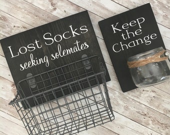 Laundry Room Sign Combo | Keep the Change AND Lost Socks - Seeking Solemates (or Soulmates) | Wood sign with attached glass Coin Jar