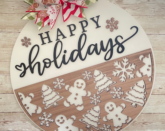 Gingerbread Men Happy Holidays Sign 14” 16" or 18” Round Wood Sign | Winter Door Idea | Front door welcome sign | Christmas Door Sign
