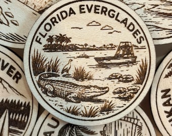 Florida Everglades Travel Token or Magnet or Ornament: Engraved Wood Destination World Traveler Collector Souvenir