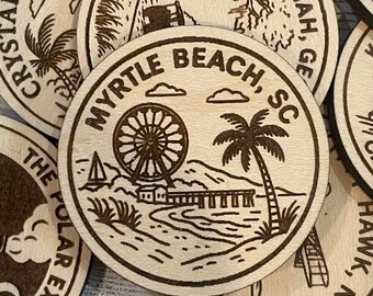 Myrtle Beach South Carolina Travel Token or Magnet or Ornament: Engraved Wood Destination World Traveler Collector Souvenir