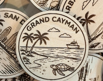 Grand Cayman Travel Token or Magnet or Ornament: Engraved Wood Destination World Traveler Collector Souvenir