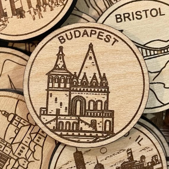 Budapest Hungary Travel Token or Magnet or Ornament: Engraved Wood
