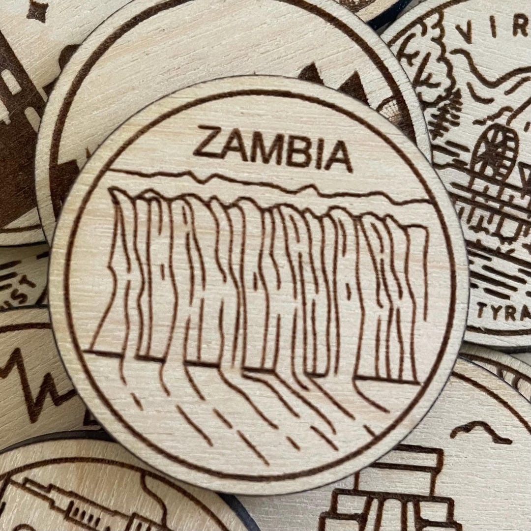 Zambia Travel Token or Magnet or Ornament: Engraved Wood