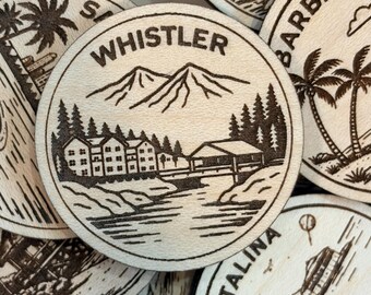 Whistler Travel Token or Magnet or Ornament: Engraved Wood Destination World Traveler Collector Souvenir