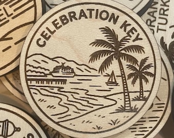 Celebration Key Travel Token or Magnet or Ornament: Engraved Wood Destination World Traveler Collector Souvenir