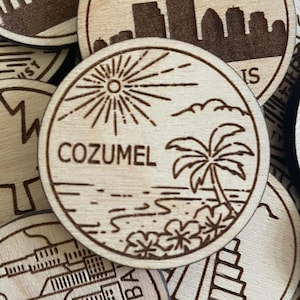 Cozumel Reisetoken oder Magnet | Holzbundesstaat, Stadt, Wahrzeichen, Nationalparks oder Landtoken | Travel Tracking Token