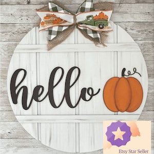 Hello Apple or Pumpkin Sign 12” / 16” / 18” Round Wood Sign | Fall Door Idea | Front door hello sign