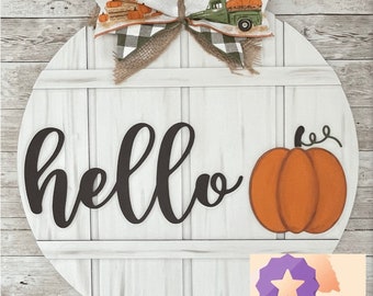 Hello Apple or Pumpkin Sign 12” / 16” / 18” Round Wood Sign | Fall Door Idea | Front door hello sign