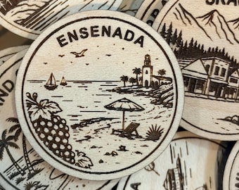 Ensenada Travel Token or Magnet or Ornament: Engraved Wood Destination World Traveler Collector Souvenir