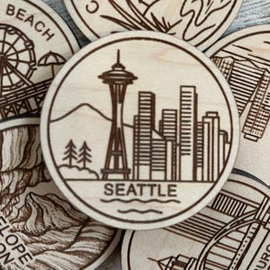 Gettone di viaggio o magnete di Seattle / Gettoni da collezione in legno di Stati, Città, Punti di riferimento, Parchi nazionali o Paesi / Gettone di tracciamento del viaggio