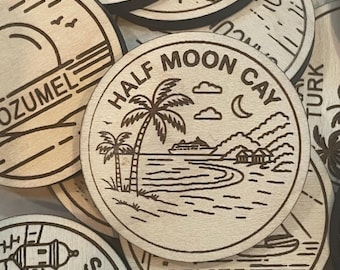 Half Moon Cay Travel Token or Magnet or Ornament: Engraved Wood Destination World Traveler Collector Souvenir