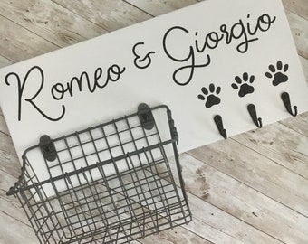 Puppy Leash Hook and Basket Sign Combo | Custom Dog Name sign with basket and leash hooks | Front Door Pet Organizer | Dog Parent Gift