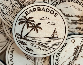 Barbados Travel Token or Magnet or Ornament: Engraved Wood Destination World Traveler Collector Souvenir