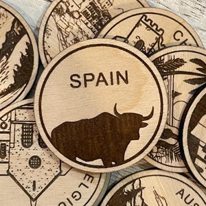 Ficha o imán de viaje de España / Fichas de colección de madera de estado, ciudad, lugar emblemático, parques nacionales o país / Ficha de seguimiento de viaje