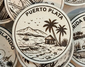 Puerto Plata Travel Token or Magnet or Ornament: Engraved Wood Destination World Traveler Collector Souvenir